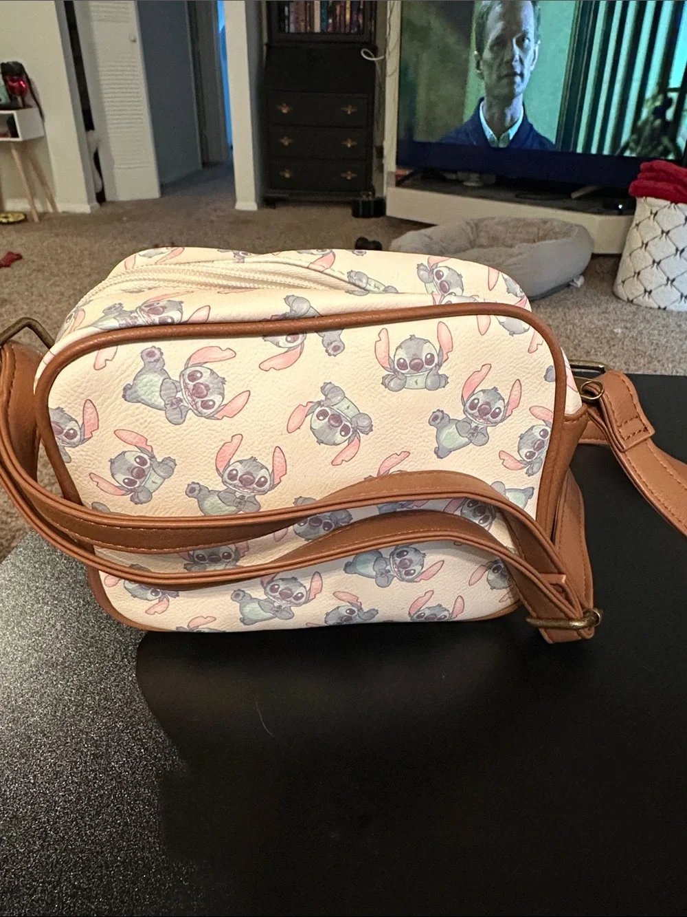 Loungefly Stitch Pattern Crossbody Bag - Pink, Blue & Cream with Brown Trim